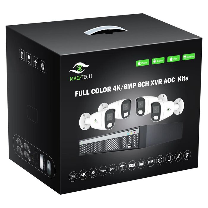 קיט 4 מצלמות 8 מגה 4K כולל 4 מצלמות צינור 8M MAQ TECH מערכת אבטחה