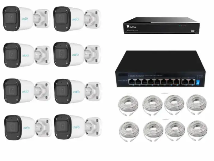 קיט 8 מצלמות אבטחה IP 4 מגה צינור כולל SWITCH POE ו 8 כבלים 20 מטר רשת
