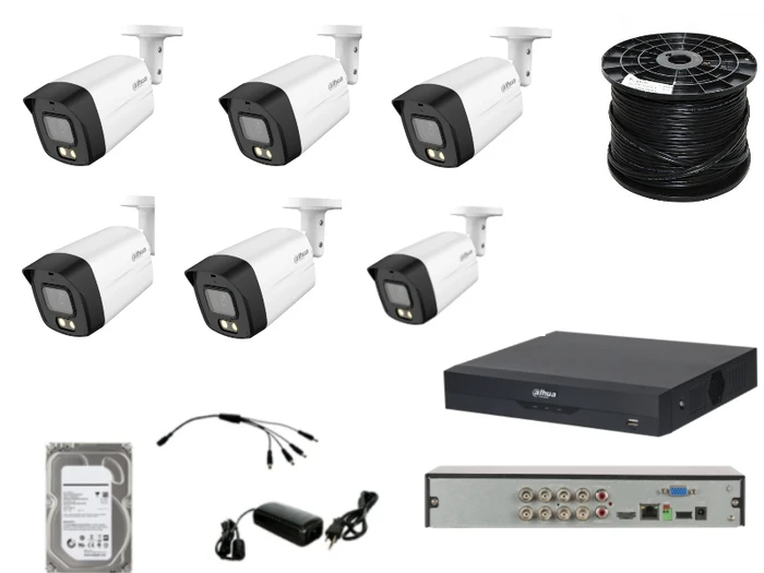 קיט 6 מצלמות אבטחה צינור DAHUA מכשיר הקלטה ודיסק 1 טרה וכבל 100 מטר