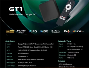 ELEBAO GT1 Google סטרימר מאושר נטפליקס Certified TV BOX RockTek Realtek RTD1325TPV 2GB DDR4 EMMC 32GB 4K Android